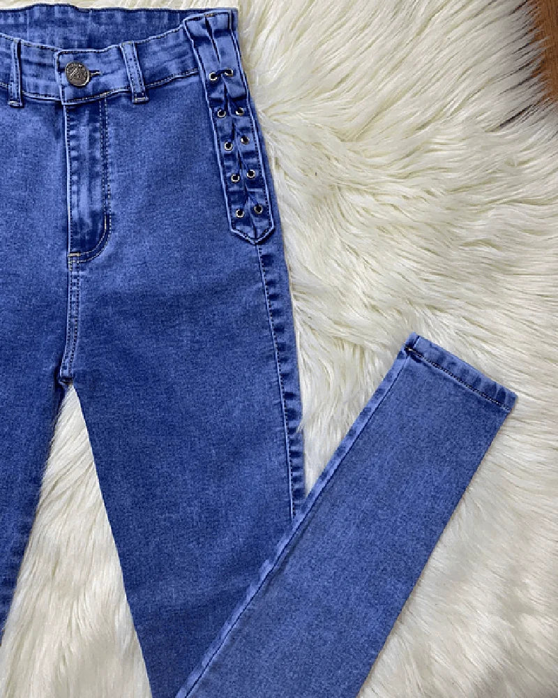 New Curved Fit Pants Distress Jean Women's High Waist Personalized Jeans Trousers