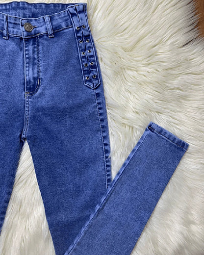 New Curved Fit Pants Distress Jean Women's High Waist Personalized Jeans Trousers