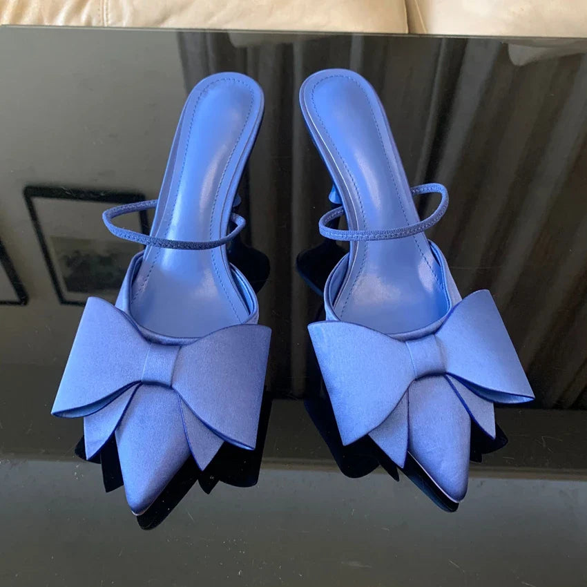 Fashion Bow knot High Heels Sandals Women 2025 Summer Slingback Pumps Vintage Satin Pointed Toe Heeled Elegant Party Lady Shoes