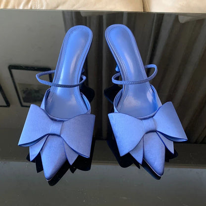 Fashion Bow knot High Heels Sandals Women 2025 Summer Slingback Pumps Vintage Satin Pointed Toe Heeled Elegant Party Lady Shoes