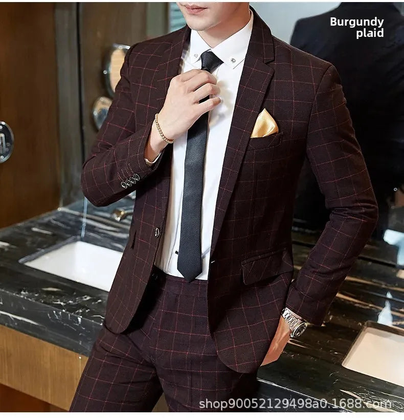 Men's Slim Fit Plaid Wedding Suit Jacket Korean Style Business Casual Single-breasted Suit with Set Wedding Groomsmen Wear