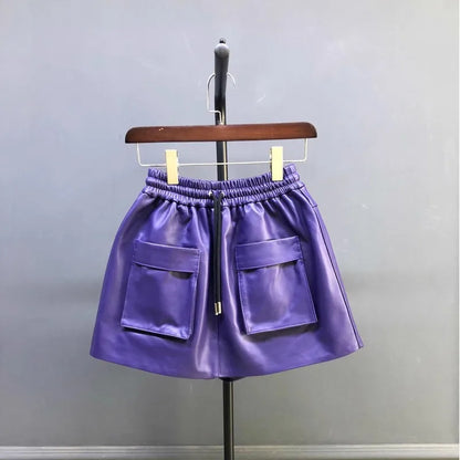 New Autumn Natural Sheepskin Elastic Waist Shorts Skirts A-Line Pocket Wide Leg Casual Above Knee Mini Genuine Leather Skirt 4XL