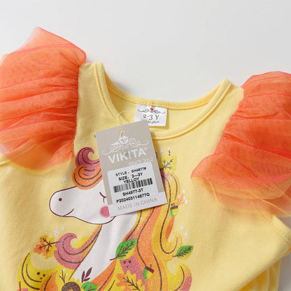Kids Summer Vestidos Girls Flare Sleeve Mesh Tulle Layered Princess Birthday Party Tutu Dresses Girls Unicorn Print Dress