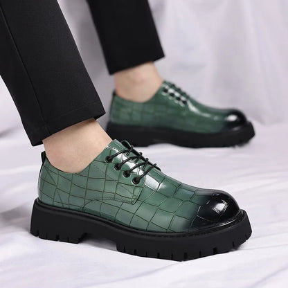Business Formal Big Head Leather Shoes Men Spring Autumn Fashion Platform Shoes Male Lace Designer Stone Pattern Dress Shoes Man