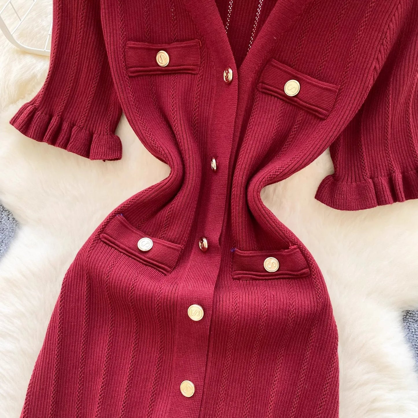 Fashion Vintage Knitted Long Dress Spring Summer Women Elegant V-neck Ruffled Bodycon Sweater Dress Party Vestido