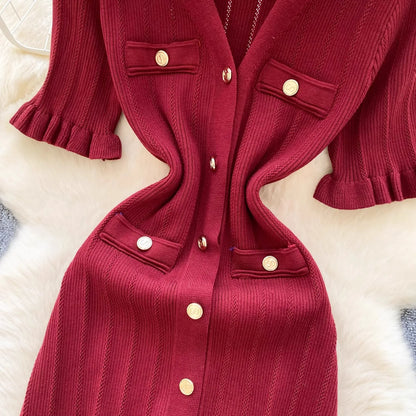 Fashion Vintage Knitted Long Dress Spring Summer Women Elegant V-neck Ruffled Bodycon Sweater Dress Party Vestido