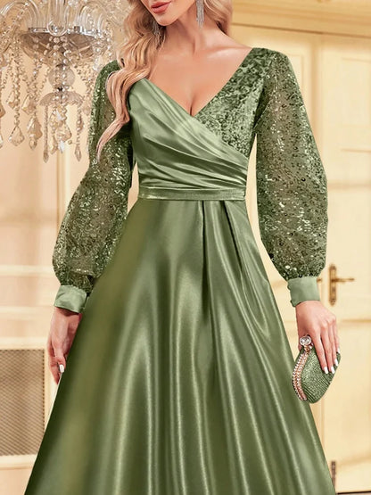 Luxury Blue V-Neck Sequin Evening Dress 2024 Elegant Women Party Maxi Dress Long Sleeve Cocktail Dress Prom Gown