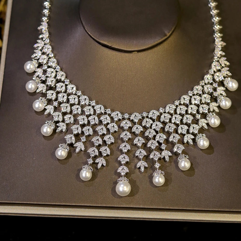 3A Cubic Zirconia Silver Color Tassel Necklace Luxury Pearl Jewelry Sets Bridal Dubai Wedding PROM Accessories