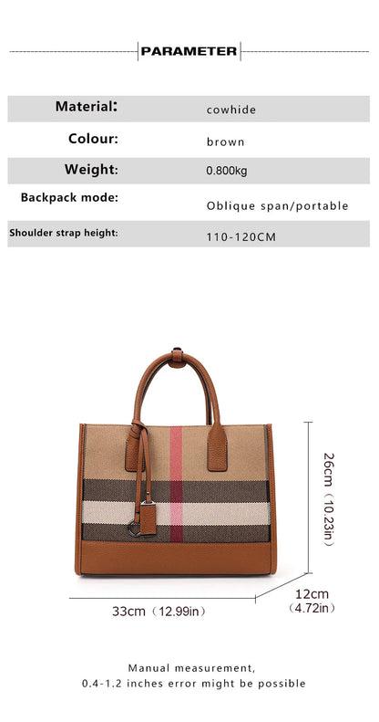 Fashion Plaid Canvas Women's Handbag Classic Versatile Large Capacity Cowhide Single Shoulder Crossbody Bag