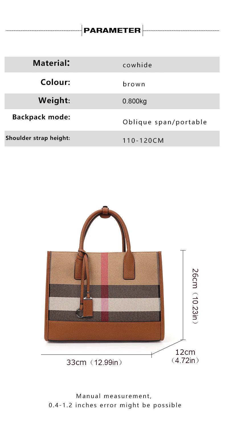Fashion Plaid Canvas Women's Handbag Classic Versatile Large Capacity Cowhide Single Shoulder Crossbody Bag
