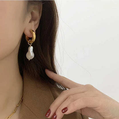 European Retro High-end Asymmetrical Pearl Earrings for Women Titanium Steel Earrings Long Earrings Sassy Earrings Non-fading