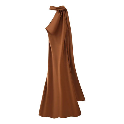 Elegant Women's Soft Silk Satin Long Dress Halter Backless Sleeveless Maxi Dresses Summer Lady Long Ribbon Party Gowns