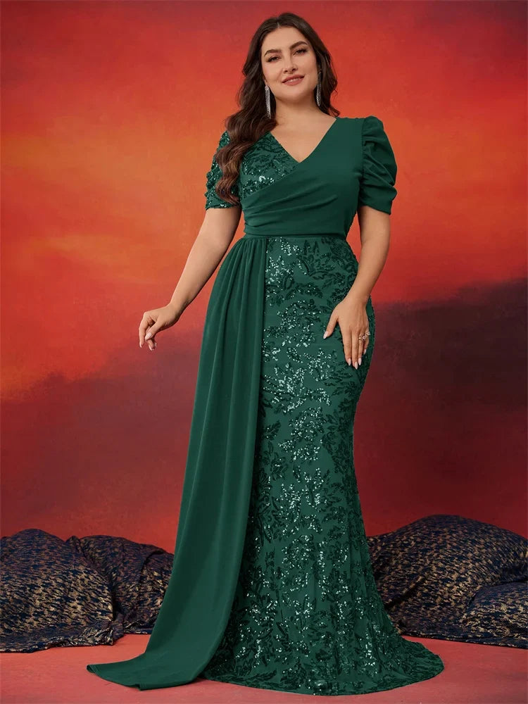 Plus Size Elegant V-neck Sequins Evening Dress Women Short Sleeves Mermaid Formal Luxury Party Streamer Prom Dress
