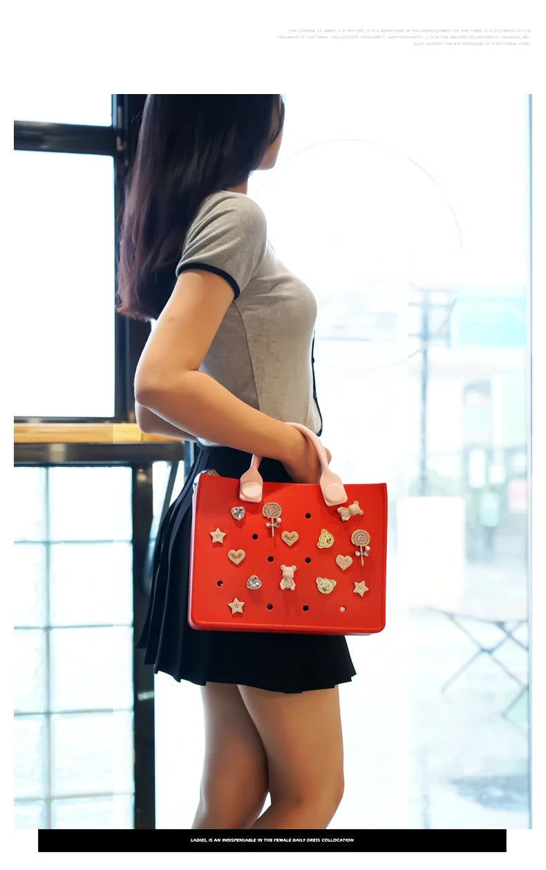 Large Leather Shoulder Bag Handbag Tote Bag Storage for Women Casual Waterproof Beach Bag Hole Fit Charm Fashion Storage Bag