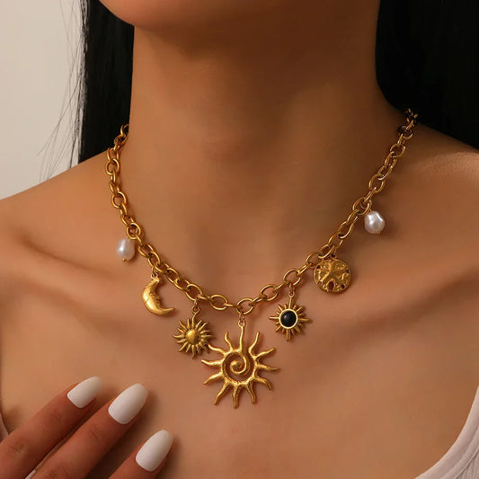 316L Stainless Steel Golden Trendy Starfish Moon Sun Shaped Pendant Necklace For Women Romantic Neck Chain Holiday Gift