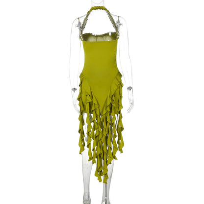 Elegant Halter Solid Ruffles Backless Taseel Sexy Slim Mini Dress Spring Women Cute Outfits Birthday Party Vacation