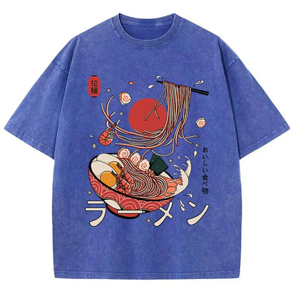 Ramen Noodles Cotton Washed T-Shirt Women Harajuku Printing Tops Comfortable O-Neck Oversized T Shirts All-Match Woman Clothes