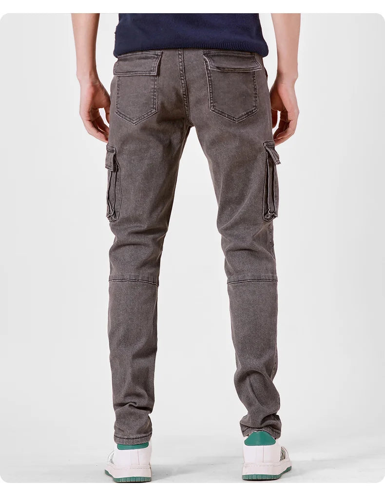 Men's Street Style Elastic Waist Denim Cargo Pants Solid Color Washed Slim Fit Casual Jeans with Multiple Pockets for Daily Wear