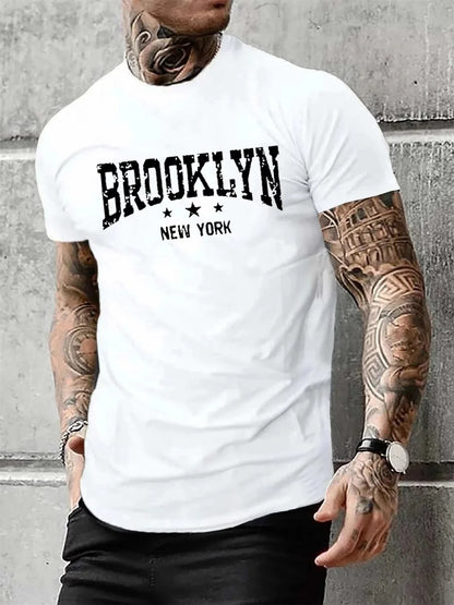 Men's 100% pure cotton summer casual loose Brooklyn New York letter printed comfortable round neck short sleeved T-shirt top