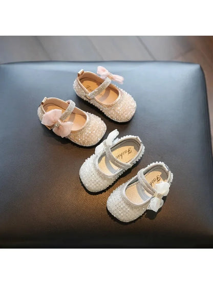 Girls Princess Shoes Lace Mesh Bows Kids Walking Shoes Non-slip Shiny Sequins 2025 New Children Flat Shoes Soft Sole Non-slip
