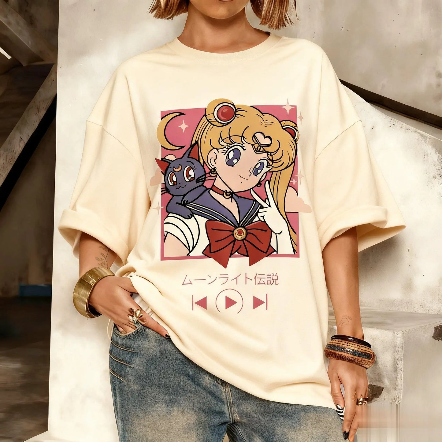 Camiseta Oversized Streetwear Kawaii Sailor Moon Gráfica Masculina Feminina Estampa Anime Manga Curta Verão Casual Roupa Y2k