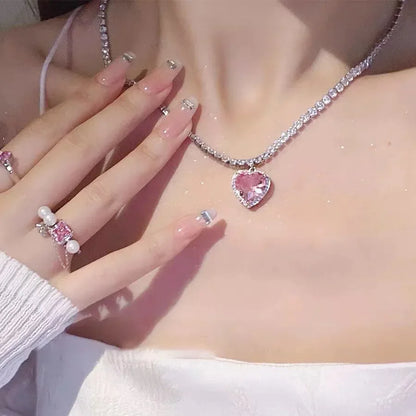 Y2K Accessories Fashion Peach Heart Water Drop Pendant Necklace Pink Crystal Egirl Sweet Cool Clavicle Chain Aesthetic Jewelry