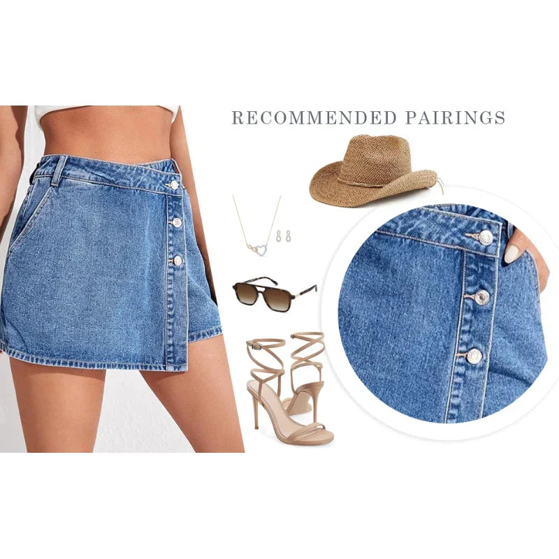 Women's High Waisted Denim Skort Asymmetric Button Detail Frayed Hem Skirt Shorts Summer Casual Streetwear Trendy Outfits