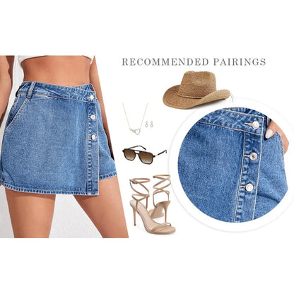 Women's High Waisted Denim Skort Asymmetric Button Detail Frayed Hem Skirt Shorts Summer Casual Streetwear Trendy Outfits