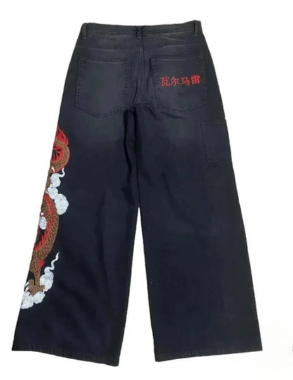 Y2K baggy Jeans Dragon Graffiti Embroidery High Waist Men Women Vintage Streetwear 2000s Harajuku Casual Loose Wide Leg Jeans
