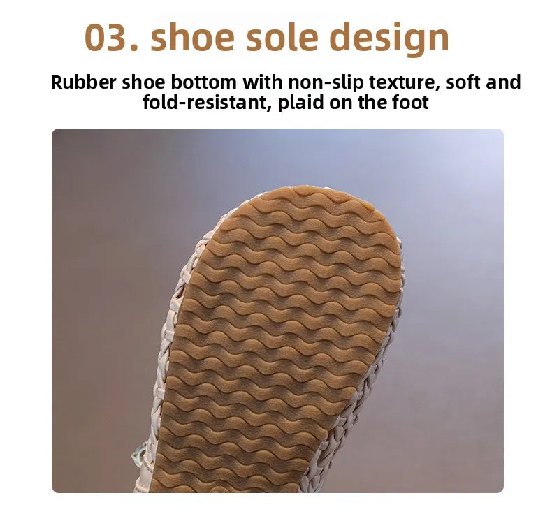 2026 Summer New Girls Woven Princess Shoes Cute Soft Sole Closed Toe Sandals Korean Style Kids Beach Shoes