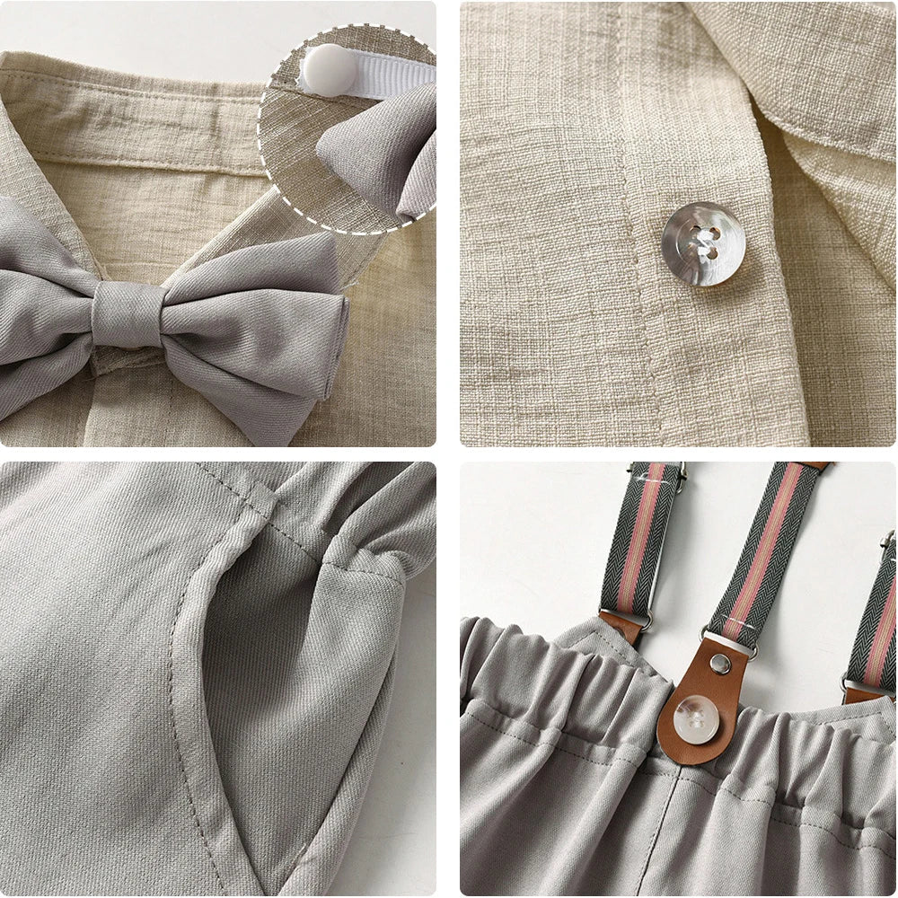 Kids Clothes Set Toddler Boys Gentleman Suit Khaki Short Sleeve Shirt with Bow Tie Shorts Formal Outfit Wedding Birthday Party
