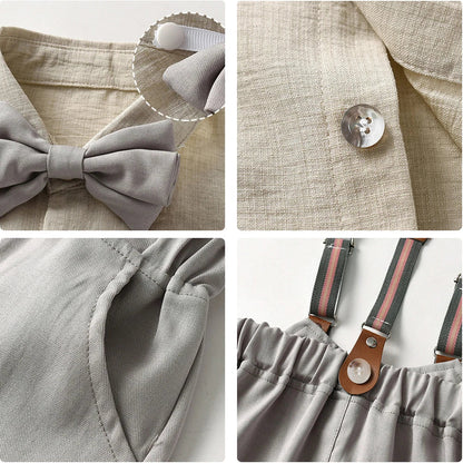 Kids Clothes Set Toddler Boys Gentleman Suit Khaki Short Sleeve Shirt with Bow Tie Shorts Formal Outfit Wedding Birthday Party
