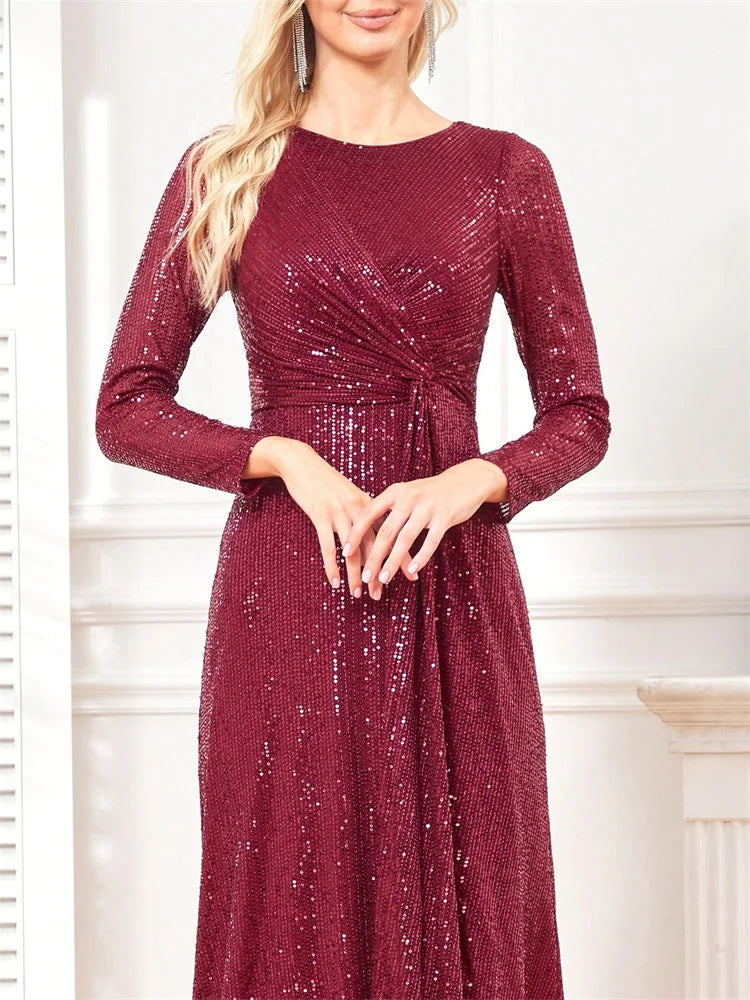 Elegant Long Sleeve O-Neck Red Sequins Evening Dress Luxury 2024 Women Wedding Party Prom Cocktail Dress Graduation Gowns
