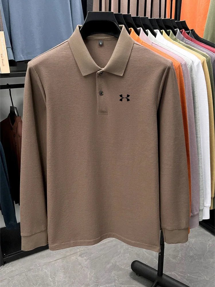 Men's brand polo shirt letter printed long sleeved top spring new 100% cotton casual sports breathable lapel fashionable T-shirt