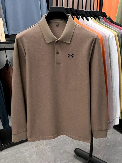 Men's brand polo shirt letter printed long sleeved top spring new 100% cotton casual sports breathable lapel fashionable T-shirt