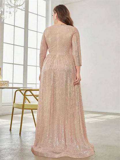 Vestidos de Festa Plus Size de Luxo com Decote V Manga Longa Paetês Elegante para Mulheres Casamento Baile Noite Coquetel Formatura