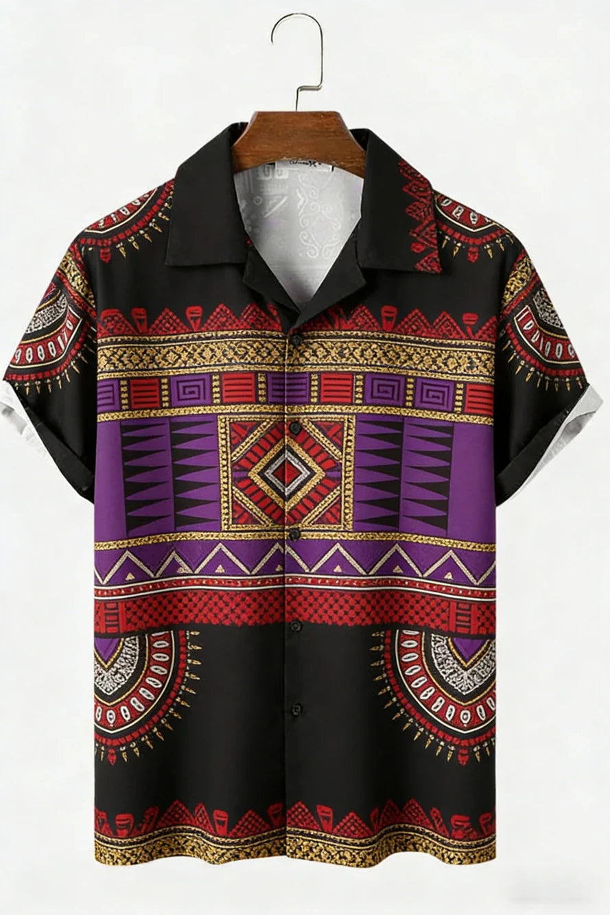 Men's New Linen Ethnic Tribal Style 3D Printed Shirt Hawaiian Tropical Breathable Comfortable Short-sleeved Lapel Clothes Men'S