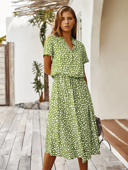 Vintage Floral Print Dress Women Boho Short Sleeve Long Dress Turn Down Collar Casual Waistband Shirt Dresses Robe 2021 Summer
