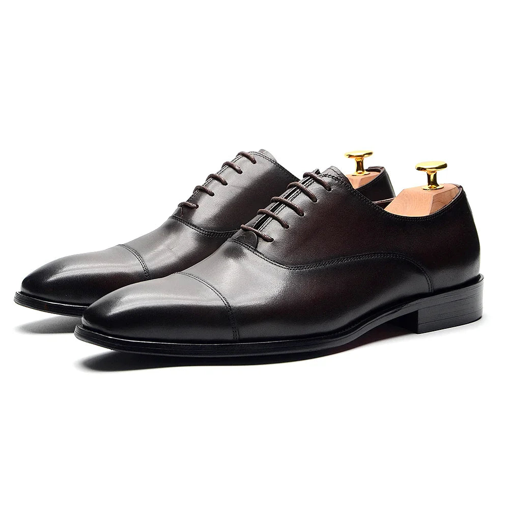 Classic Cowhide Genuine Leather Mens Dress Shoes Black Brown Cap Toe Lace-Up Oxford Company Business Office Formal Shoes for Men