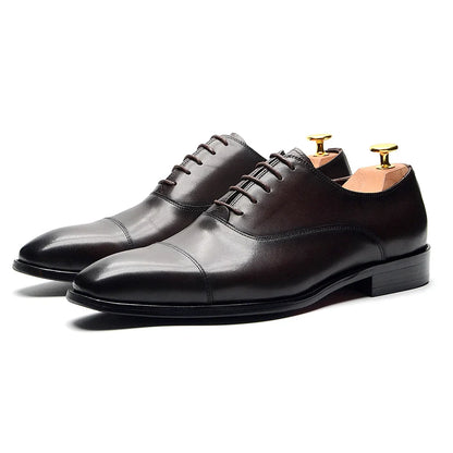 Classic Cowhide Genuine Leather Mens Dress Shoes Black Brown Cap Toe Lace-Up Oxford Company Business Office Formal Shoes for Men