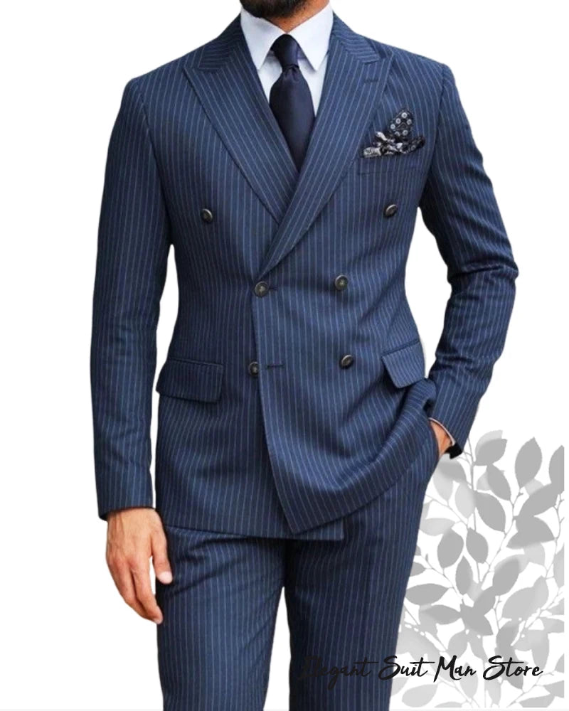 Navy Blue Men's Striped Business Suit 2-piece Set Suit Jacket Suit Pants Double Breasted Slim Fit Man Suit Groom's Wedding Suit