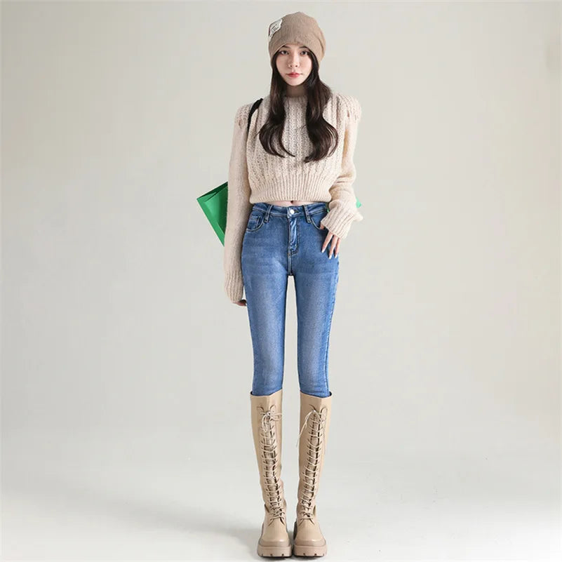 Women Thermal Jeans Winter Snow Warm Plush Stretch Jeans Lady Skinny Thicken Fleece Denim Long Pants Retro Blue Pencil Trousers