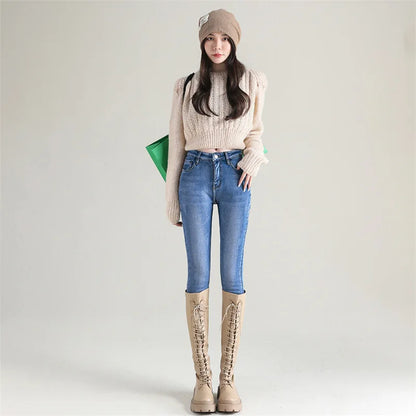 Women Thermal Jeans Winter Snow Warm Plush Stretch Jeans Lady Skinny Thicken Fleece Denim Long Pants Retro Blue Pencil Trousers