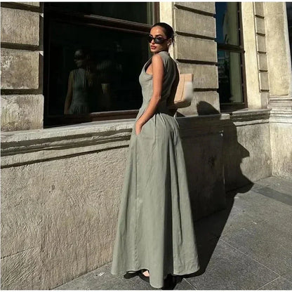 Draped Long Dresses for Women Zip Sleeveless Maxi Dress Woman Summer Holiday Womens Dresses Ruched Party Female Dress