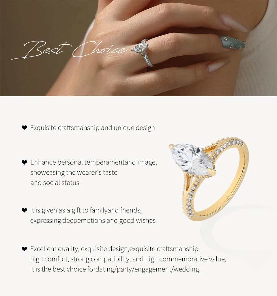 Exquisite Marquise Cut 2CT Moissanite Rings 925 Silver 18K Gold Plated Wedding Engagement Ring for Women Luxury Jewelry