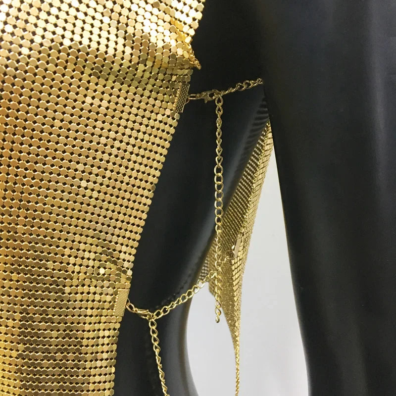 Women Metal Sequins Crop Tops Sexy Hollow Out Sleeveless Backless Y2k Tank Tops Nightclub Party Rave Festival Camisole 2023 New