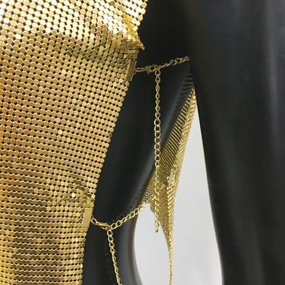 Women Metal Sequins Crop Tops Sexy Hollow Out Sleeveless Backless Y2k Tank Tops Nightclub Party Rave Festival Camisole 2023 New