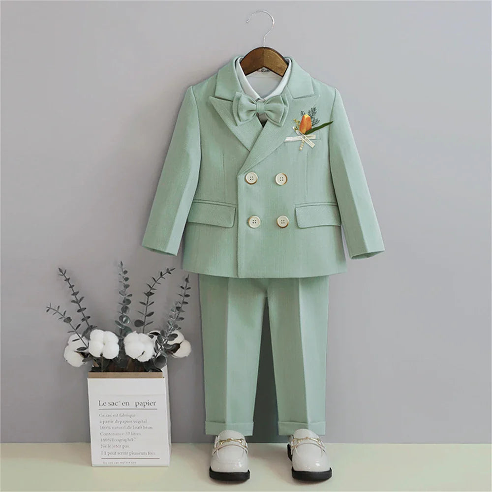 Macaroon Colorful Toddler Suit Set Double Breasted Kids Suits Blazer Pants Bow-tie Brooch Boy's Formal Tuxedo Dresswear