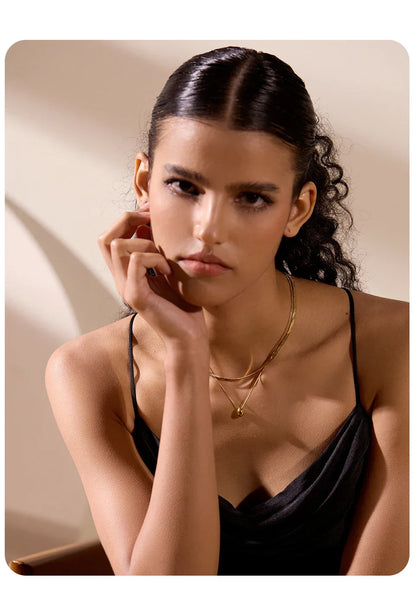 Snake Chain Double Layer Stainless Steel Water Drop Pendant Necklace for Women Statement 18k Gold Color Jewelry Waterproof