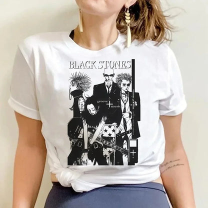 Anime T-shirt Cartoon Print Unisex Tops Black Stones Streetwear Sweatshirt Men Women Tees Female Streetwear